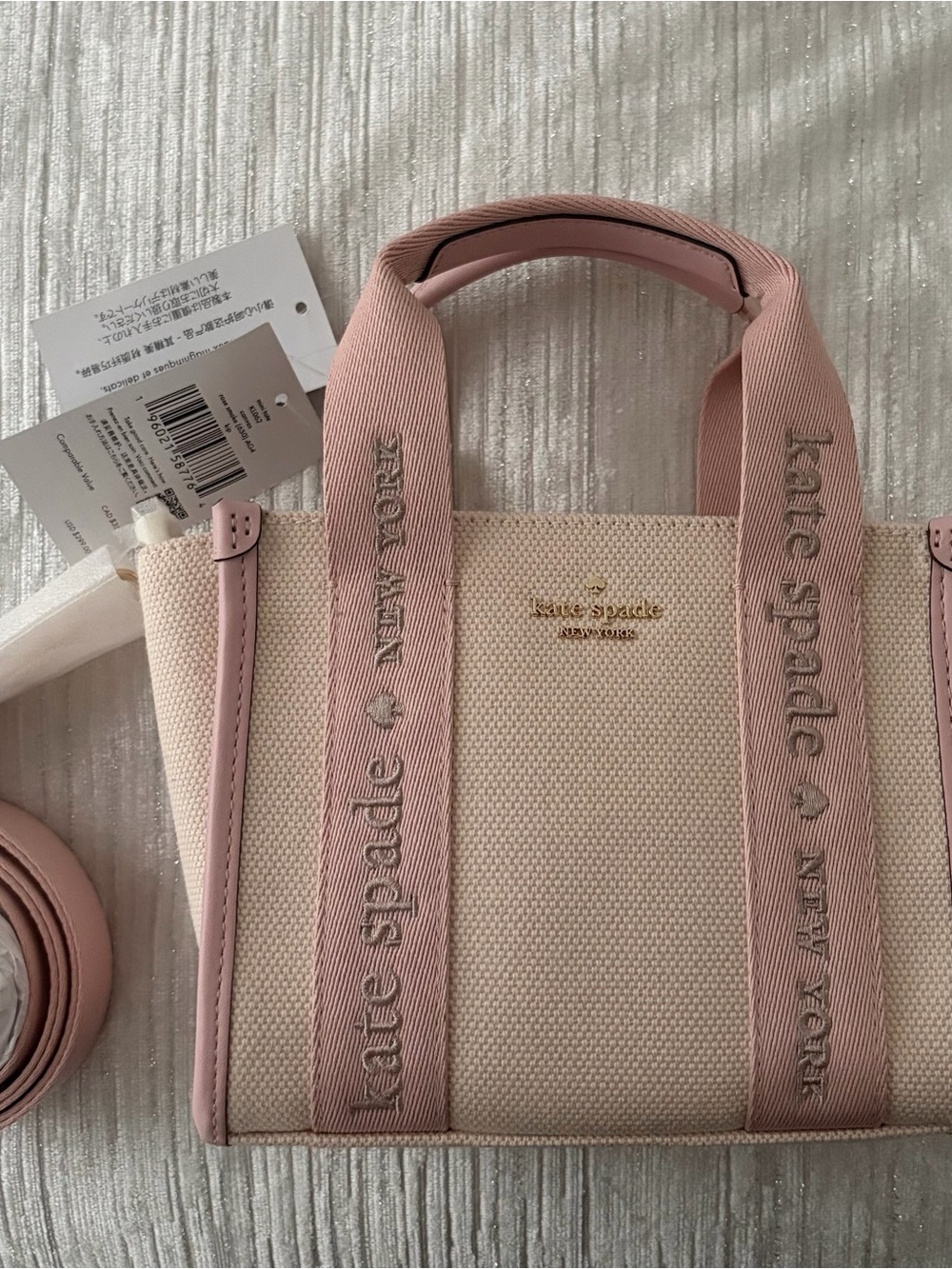 kate spade Pink and Cream Canvas Tote with Signature Webbed Straps